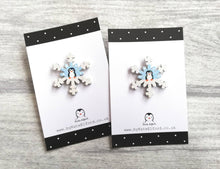 Load image into Gallery viewer, Christmas snowflake brooch, handpainted, penguin or snowman, glittery pin