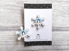 Load image into Gallery viewer, Christmas snowflake brooch, handpainted, penguin or snowman, glittery pin
