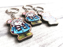 Load image into Gallery viewer, Mouse keyring, eco friendly, wooden mouse key fob, duffle coat and wellies key chain, wood bag charm, responsibly resourced wood