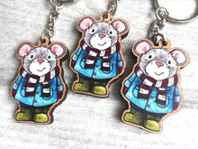 Load image into Gallery viewer, Mouse keyring, eco friendly, wooden mouse key fob, duffle coat and wellies key chain, wood bag charm, responsibly resourced wood