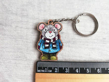 Load image into Gallery viewer, Mouse keyring, eco friendly, wooden mouse key fob, duffle coat and wellies key chain, wood bag charm, responsibly resourced wood
