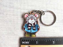 Load image into Gallery viewer, Mouse keyring, eco friendly, wooden mouse key fob, duffle coat and wellies key chain, wood bag charm, responsibly resourced wood