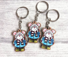 Load image into Gallery viewer, Mouse keyring, eco friendly, wooden mouse key fob, duffle coat and wellies key chain, wood bag charm, responsibly resourced wood