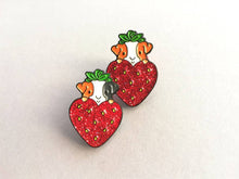 Load image into Gallery viewer, Guinea pig enamel pins, strawberry heart enamel badge, guinea pig glitter brooch, tri colour, ginger cavy badges
