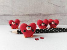Load image into Gallery viewer, Penguin heart. Little penguin in a box, Valentine miniature pottery penguin dressed as a heart, ceramic quirky penguin gift