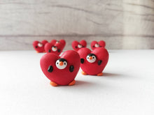 Load image into Gallery viewer, Penguin heart. Little penguin in a box, Valentine miniature pottery penguin dressed as a heart, ceramic quirky penguin gift