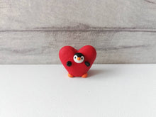 Load image into Gallery viewer, Penguin heart. Little penguin in a box, Valentine miniature pottery penguin dressed as a heart, ceramic quirky penguin gift