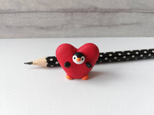 Load image into Gallery viewer, Penguin heart. Little penguin in a box, Valentine miniature pottery penguin dressed as a heart, ceramic quirky penguin gift
