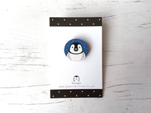 Load image into Gallery viewer, Penguin pin, wooden pin badge, cute little blue starry penguin chick brooch.