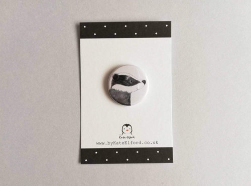 Mini button badge, smiley cute badger drawing