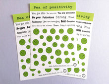 Load image into Gallery viewer, Pea of positivity vinyl sticker sheet, positive happy stickers, you're the best, friendship, cute stickers, planner, bullet point, journal