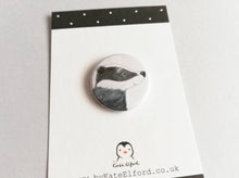 Load image into Gallery viewer, Mini button badge, smiley cute badger drawing
