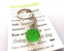 Load image into Gallery viewer, Pea of positivity keyring, mini cute happy charm, positive key fob, friendship, supportive, recycled acrylic