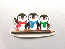 Load image into Gallery viewer, Penguins and pencil sticker, artist, writer penguin sticker, eco friendly sticker