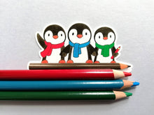 Load image into Gallery viewer, Penguins and pencil sticker, artist, writer penguin sticker, eco friendly sticker