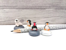 Load image into Gallery viewer, Miniature puffins. Pottery and glass tiny ornament. Cute mini pair of puffins