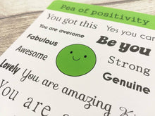 Load image into Gallery viewer, Pea of positivity postcard. A happy, caring, positive message for posting or framing