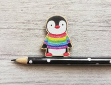 Load image into Gallery viewer, Penguin magnet, little rainbow penguin wooden fridge magnet.
