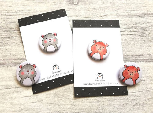 Mini ginger and grey hamster badges
