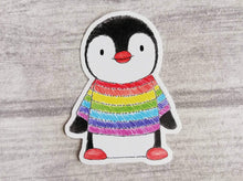 Load image into Gallery viewer, Penguin wearing a striped rainbow jumper vinyl decal