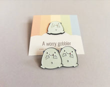 Load image into Gallery viewer, A worry gobbler enamel pin, cute blue blob, positive enamel brooch, friendship, care, supportive enamel badges