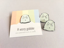 Load image into Gallery viewer, A worry gobbler enamel pin, cute blue blob, positive enamel brooch, friendship, care, supportive enamel badges