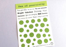 Load image into Gallery viewer, Pea of positivity vinyl sticker sheet, positive happy stickers, you're the best, friendship, cute stickers, planner, bullet point, journal