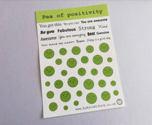 Load image into Gallery viewer, Pea of positivity vinyl sticker sheet, positive happy stickers, you&#39;re the best, friendship, cute stickers, planner, bullet point, journal
