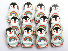 Load image into Gallery viewer, Penguin magnet, rainbow and cloud jumper, little penguin wooden fridge magnet.
