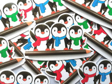 Load image into Gallery viewer, Penguins and pencil sticker, artist, writer penguin sticker, eco friendly sticker