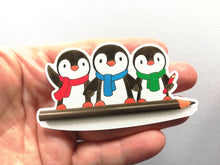 Load image into Gallery viewer, Penguins and pencil sticker, artist, writer penguin sticker, eco friendly sticker