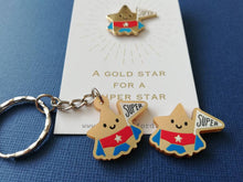 Load image into Gallery viewer, Gold star keyring, mini cute happy charm, little positive key fob, super star, friendship, supportive

