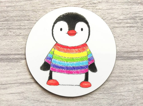 Penguin in a rainbow jumper coaster