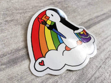 Load image into Gallery viewer, Rainbow penguin sticker, with paint pot, heart and cloud