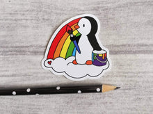 Load image into Gallery viewer, Penguin painting a rainbow, artist penguin sticker