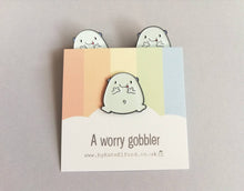 Load image into Gallery viewer, A worry gobbler enamel pin, cute blue blob, positive enamel brooch, friendship, care, supportive enamel badges