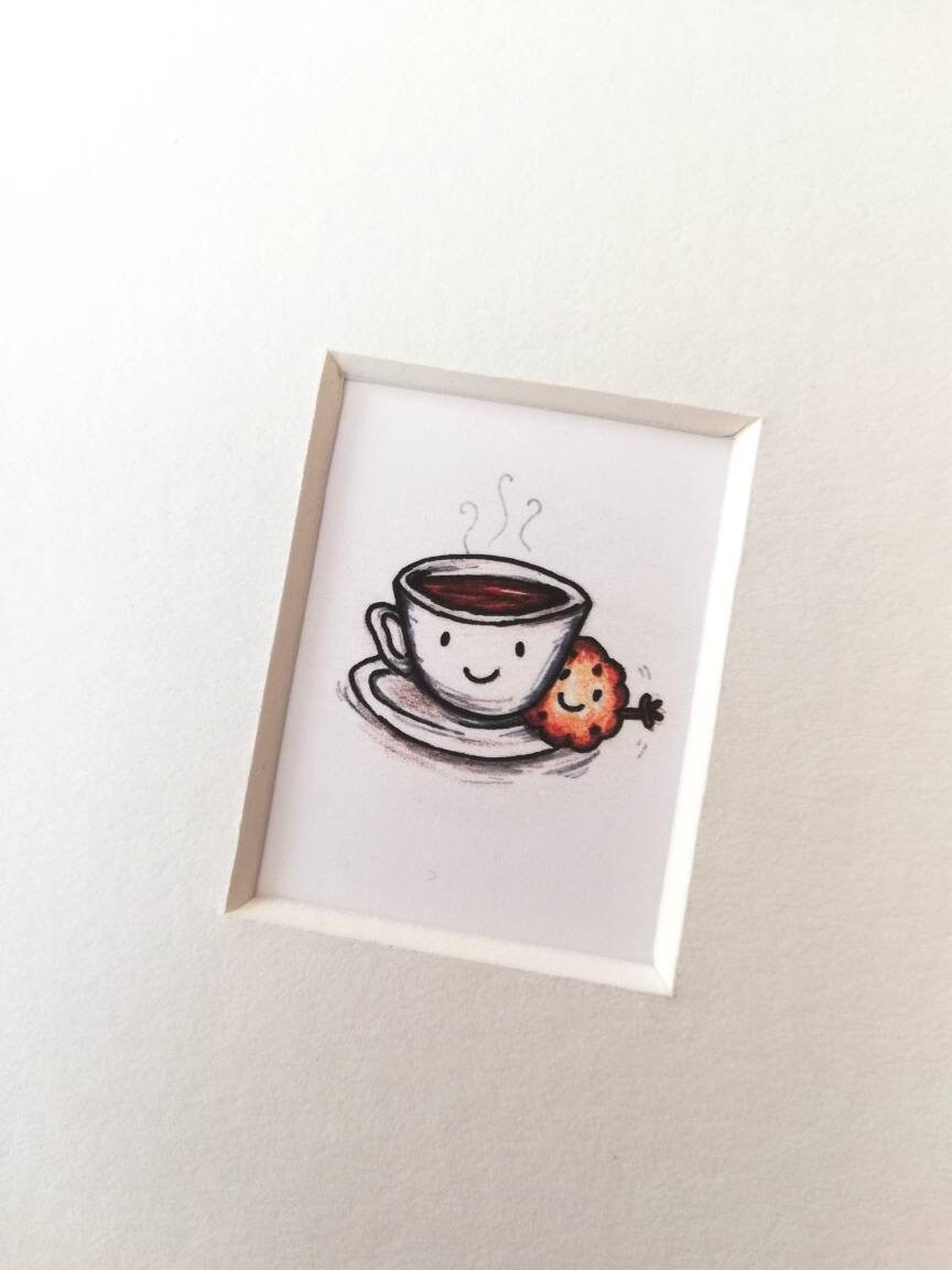 Teacup and cookie picture, miniature cup of tea and biscuit print