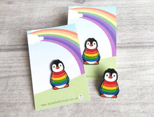 Load image into Gallery viewer, Rainbow penguin soft enamel pin, penguin brooch. Rainbow jumper, boo the penguin
