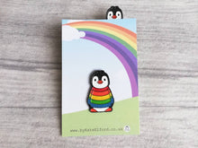 Load image into Gallery viewer, Rainbow penguin soft enamel pin, penguin brooch. Rainbow jumper, boo the penguin