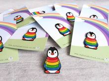 Load image into Gallery viewer, Rainbow penguin soft enamel pin, penguin brooch. Rainbow jumper, boo the penguin