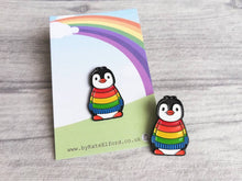 Load image into Gallery viewer, Rainbow penguin soft enamel pin, penguin brooch. Rainbow jumper, boo the penguin
