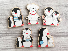 Load image into Gallery viewer, Kitchen penguin magnet set, little chef, baking, cooking, aprons, cake, wooden fridge magnet. Eco friendly responsibly sourced wood
