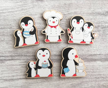 Load image into Gallery viewer, Kitchen penguins, little aprons and rolling pin, baking, wooden spoon, wooden penguin, fridge magnet