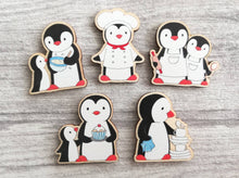 Load image into Gallery viewer, Set of wooden kitchen penguin magnets, chef, baking, cupcake, washing up and mixing bowl