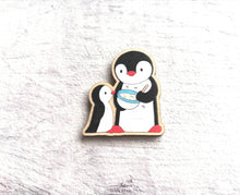 Load image into Gallery viewer, Kitchen penguins, little mixing bowl magnet, baking, wooden penguin, fridge magnet