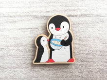Load image into Gallery viewer, Kitchen penguins, little mixing bowl magnet, baking, wooden penguin, fridge magnet
