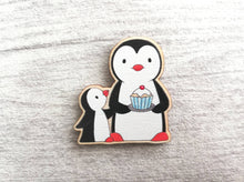 Load image into Gallery viewer, Penguins and cupcake wooden magnet