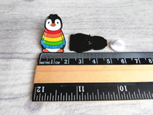 Load image into Gallery viewer, Rainbow penguin soft enamel pin, penguin brooch. Rainbow jumper, boo the penguin
