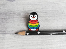 Load image into Gallery viewer, Rainbow penguin soft enamel pin, penguin brooch. Rainbow jumper, boo the penguin
