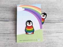 Load image into Gallery viewer, Rainbow penguin soft enamel pin, penguin brooch. Rainbow jumper, boo the penguin
